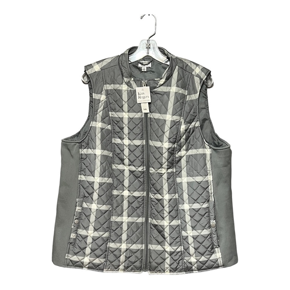 Kim Rogers Full Zip Quilted Puffer Vest Gray Plaid Women’s Plus-Size 1X